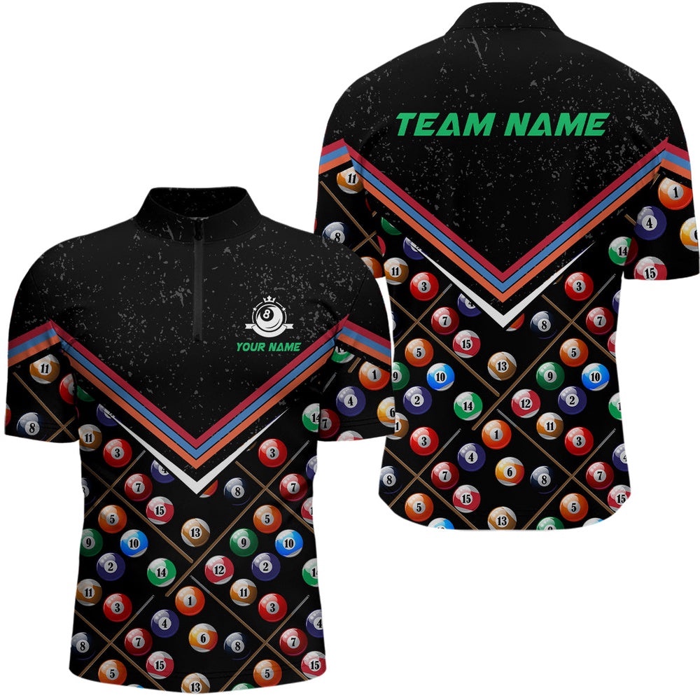 3D Billiard Balls Jersey Shirts, Custom Black Grunge 8 Ball Pool Shirts, Personalized Billiard Team Jersey Shirt