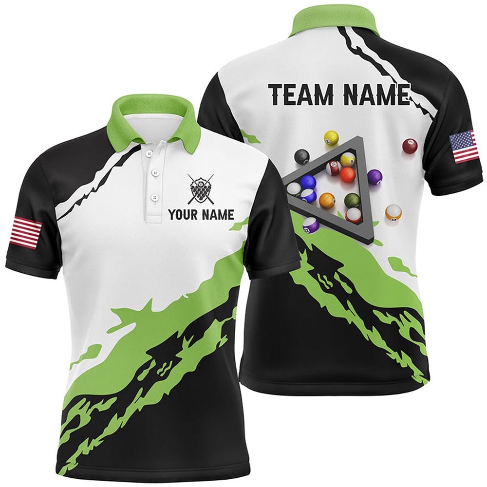 3D Black Green Billiard Balls Polo Shirts Custom Team Name Billiard Polo, Personalized Billiard Polo Shirt