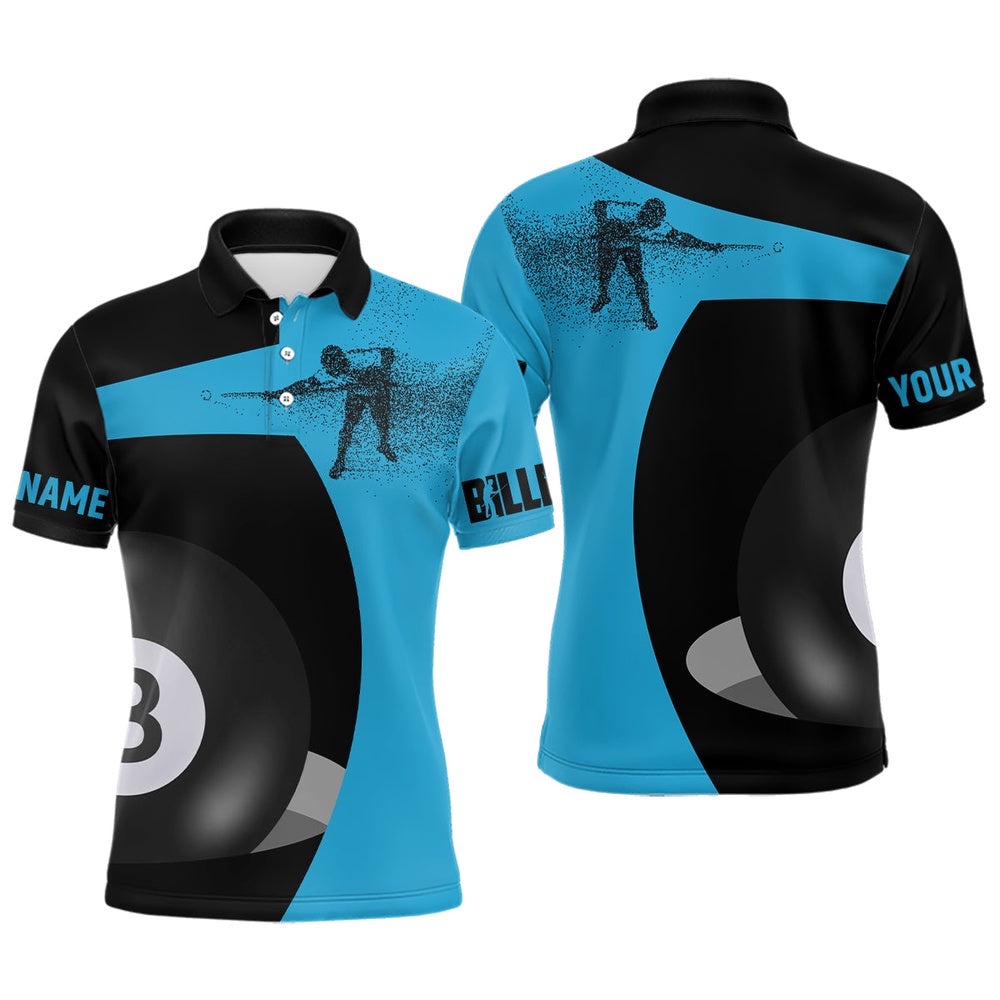 3D Funny Billiard Player 8 Ball Pool Blue Black Polo Shirts, Billiards Polo, Personalized Billiard Polo Shirt