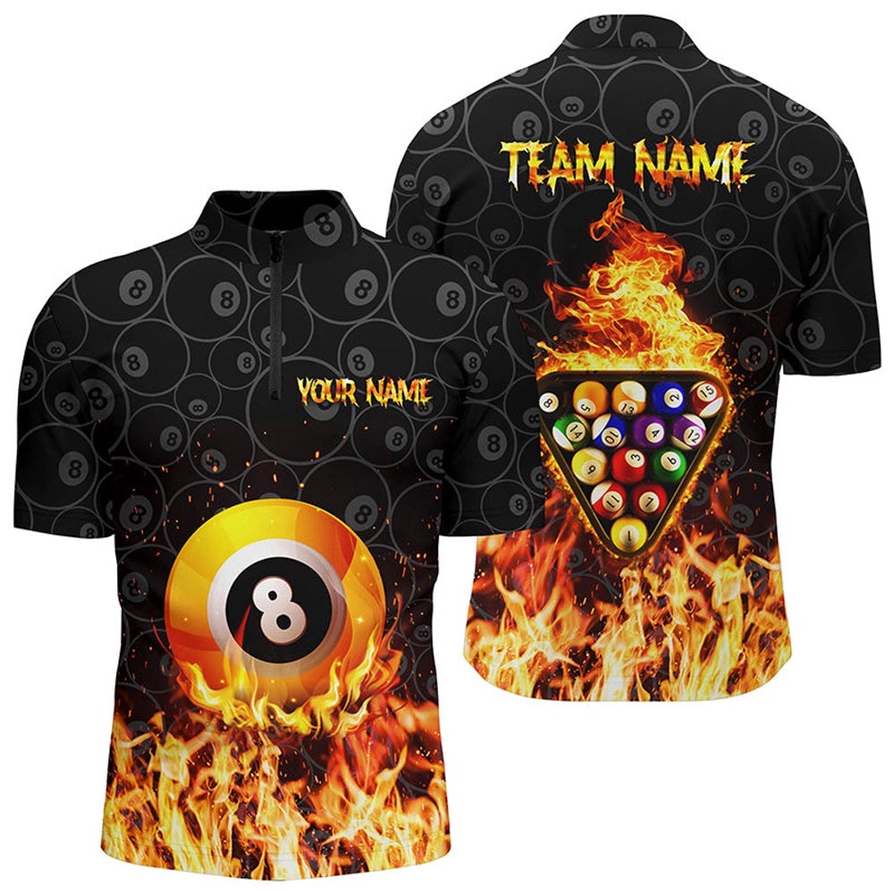 3D Yellow Flame 8 Ball Pool Jersey Shirts, Custom Fire Billiard Balls Jerseys, Personalized Billiard Team Jersey Shirt