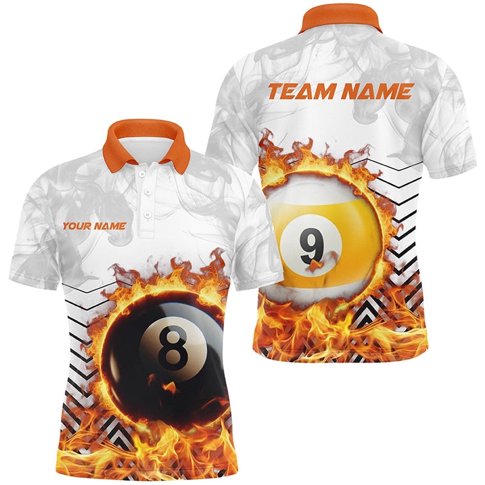 8 Ball & 9 Ball Fire Flame Smoke Billiard Shirts, Billiard Apparel For Team, Personalized Billiard Polo Shirt