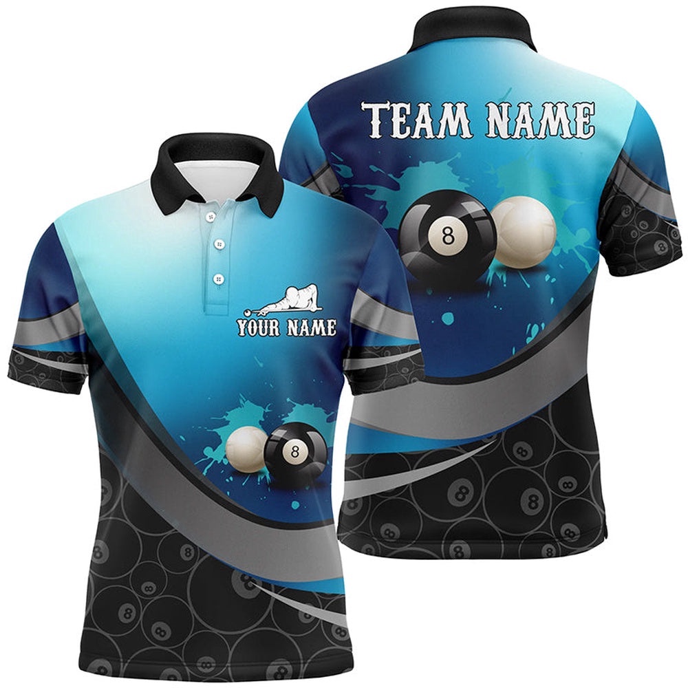 8 Ball And Cue Ball Pool Blue 3D Polo Shirts, Custom Name Billiards Polo, Personalized Billiard Polo Shirt