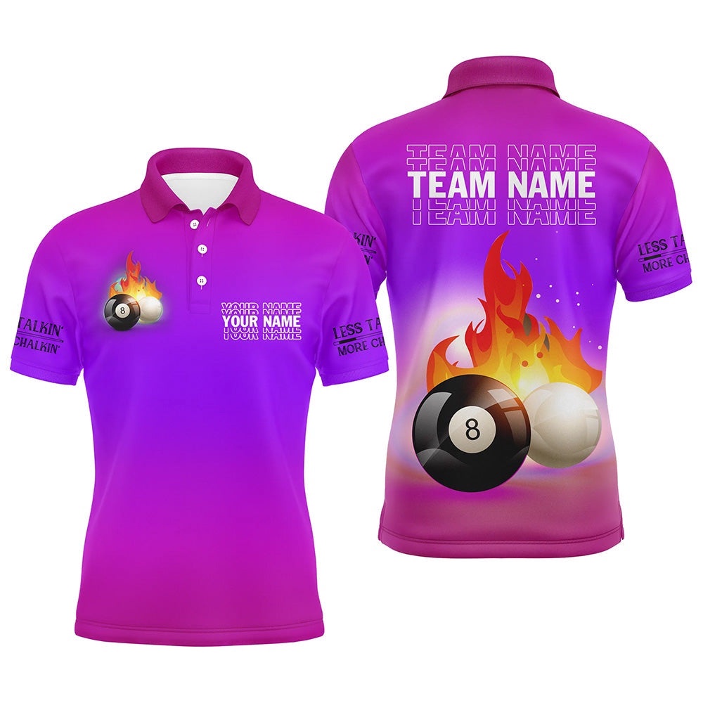 8 Ball And Cue Ball Pool Purple 3D Polo Shirts, Custom Name Billiard Polo, Personalized Billiard Polo Shirt