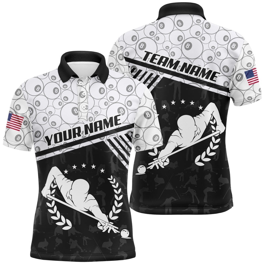 8 Ball Pattern Custom Pool Player US Flag Billiard Polo, Personalized Billiard Polo Shirt