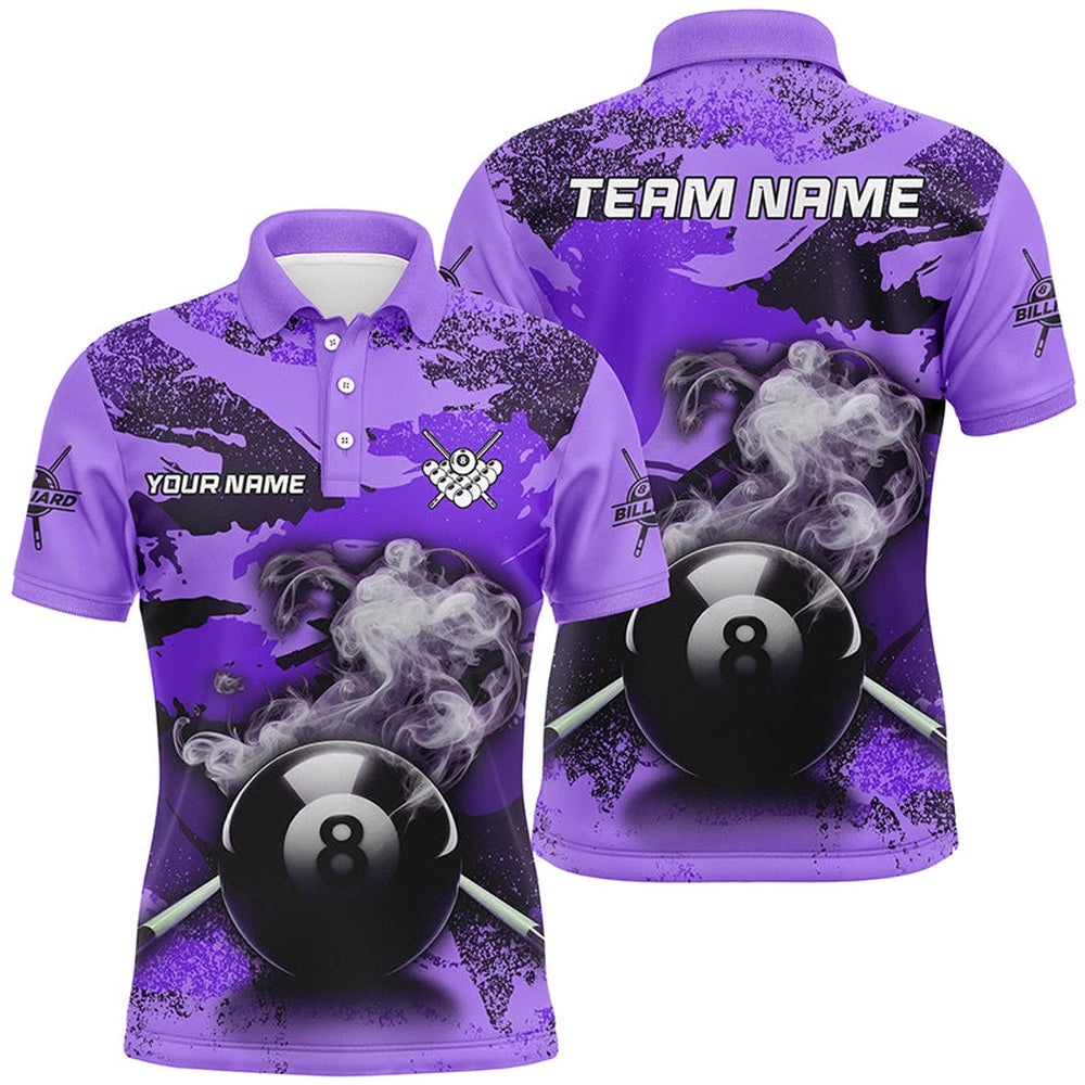 8 Ball Pool & Cue Smoke Custom Purple Camo Billiard Shirts, Billiard Snooker Outfits, Personalized Billiard Polo Shirt