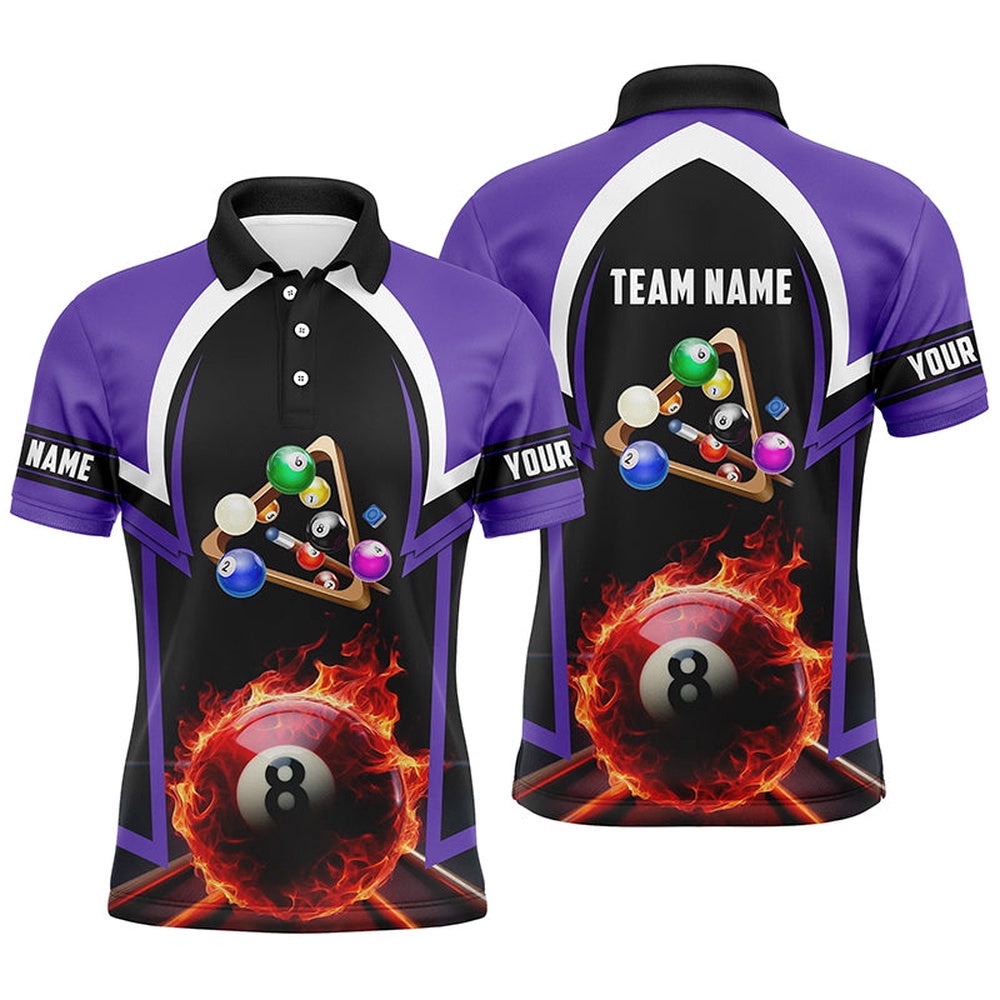 8 Ball Pool Fire 3D Purple Billiard Polo Polo Shirts Custom Pool Team Polo, Personalized Billiard Polo Shirt