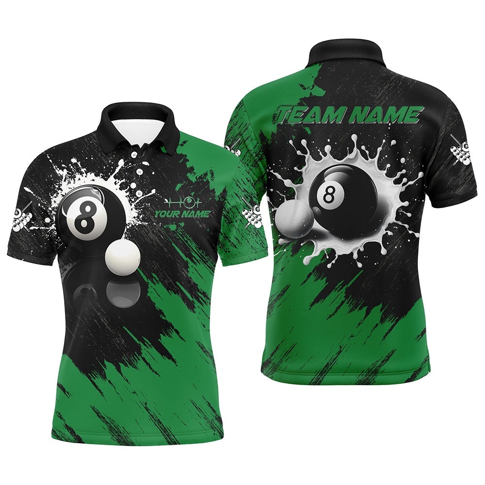 8 Ball Pool Paint Splash Billiard Shirts, Unique Billiard Pool Polo Green, Personalized Billiard Polo Shirt