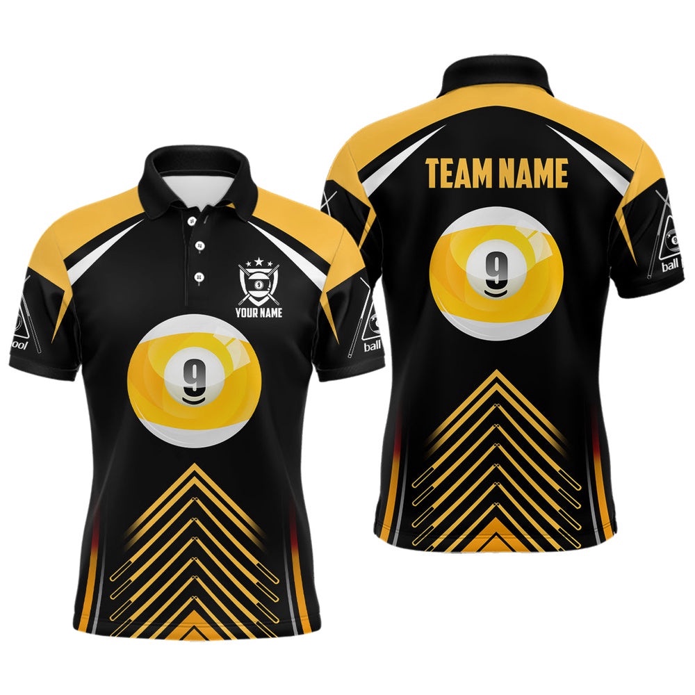 9 Ball Black Yellow Version Custom 9 Ball Pool Billiards Polo, Personalized Billiard Polo Shirt