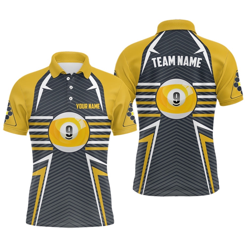 9 Ball Pool Billiards Yellow Grey Polo Shirts, Custom Pool Billiards Polo, Personalized Billiard Polo Shirt