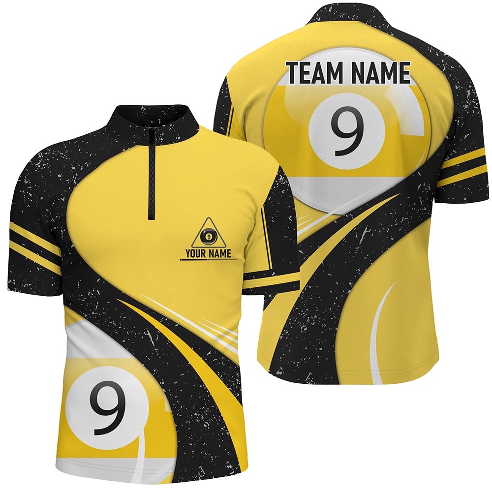 9 Ball Pool Yellow Black Grunge 9 Ball Billiard Jerseys, Personalized Billiard Team Jersey Shirt