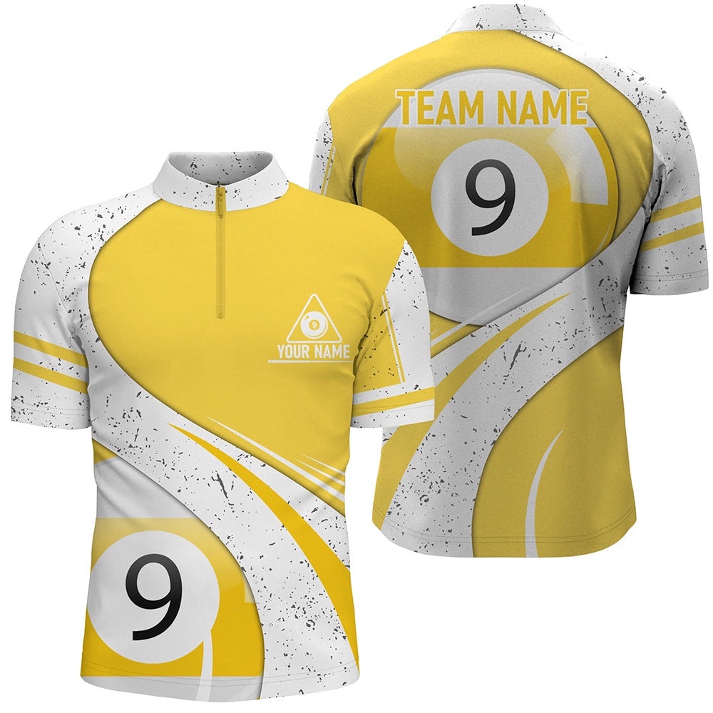 9 Ball Pool Yellow White Grunge 9 Ball Billiard Jerseys, Personalized Billiard Team Jersey Shirt