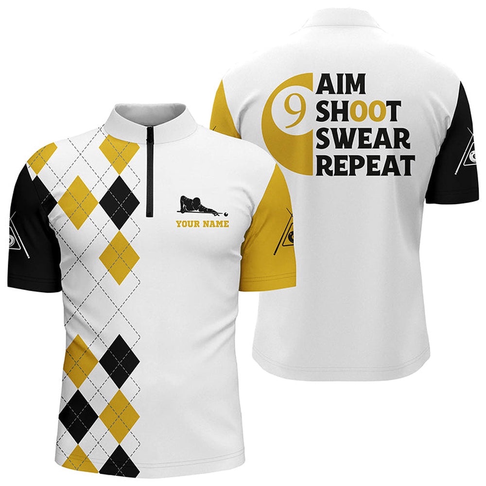 Aim Shoot Swear Repeat 9 Ball Pool Yellow Billiards Jersey Shirts, Personalized Billiard Team Jersey Shirt
