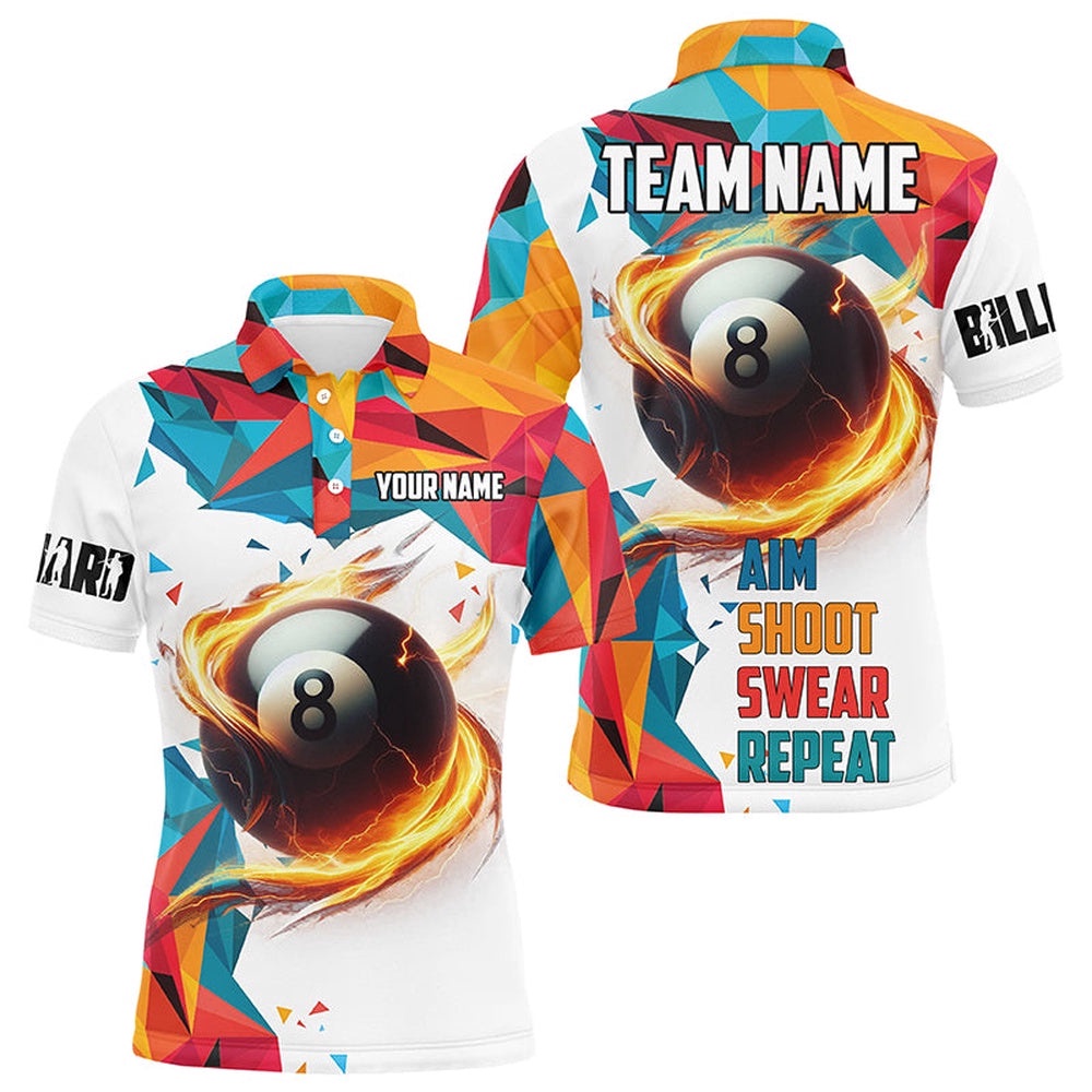 Aim Shoot Swear Repeat Billiard Shirts Custom Colorful 8 Ball Pool Shirts, Personalized Billiard Polo Shirt