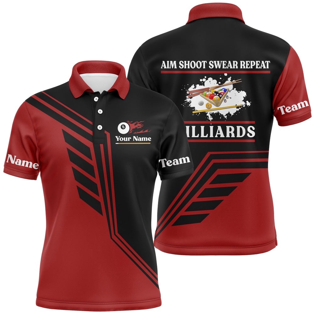 Aim Shoot Swear Repeat Custom Red Black Billiard Polo, Personalized Billiard Polo Shirt