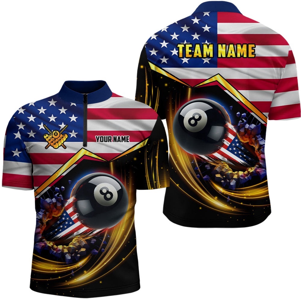 American Flag 8 Ball Pool Billiard Shirts Custom Patriotic 4Th Of July Billiard Jerseys, Personalized Billiard Team Jersey Shirt