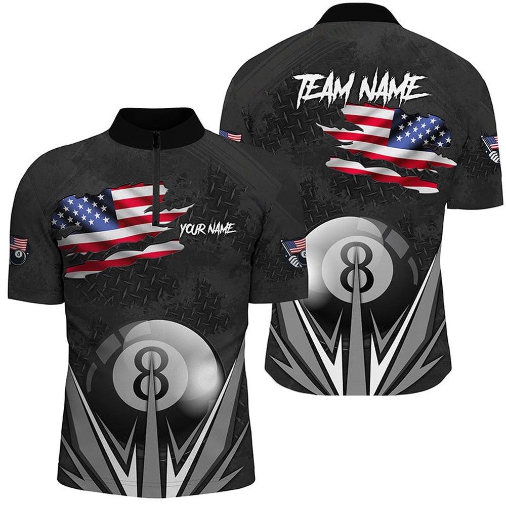 American Flag 8 Ball Pool Custom Name Black Billiard Jerseys, Patriotic Billiard Shirts, Personalized Billiard Team Jersey Shirt