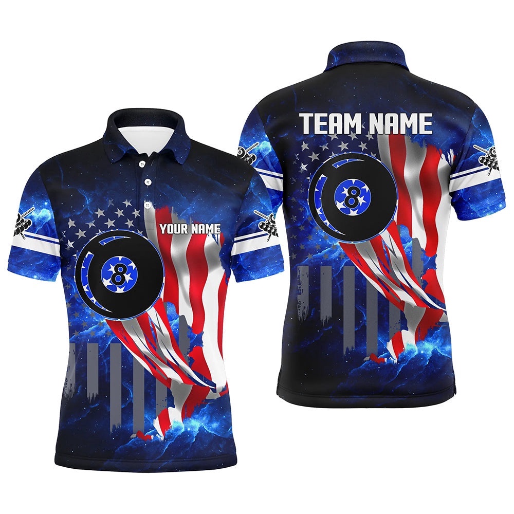 American Flag Blue Galaxy 8 Ball Pool Team League Shirts, Personalized Billiard Polo Shirt