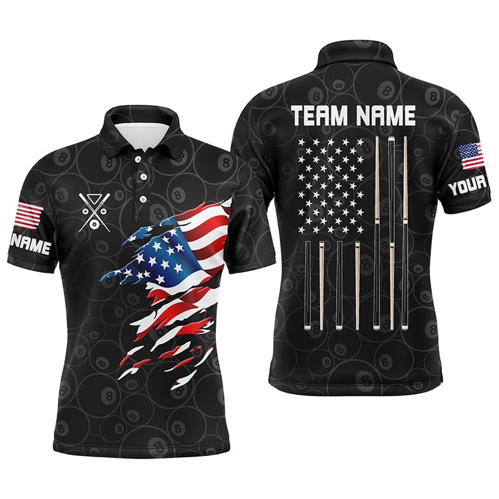 American Flag Patriotic Billiard Black Polo Shirts Custom Name Billiard Gifts, Personalized Billiard Polo Shirt