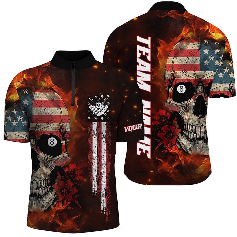 American Flag Skull Fire Billiard Jersey & Jersey Shirts Custom Patriotic Billiard Jersey, Personalized Billiard Team Jersey Shirt