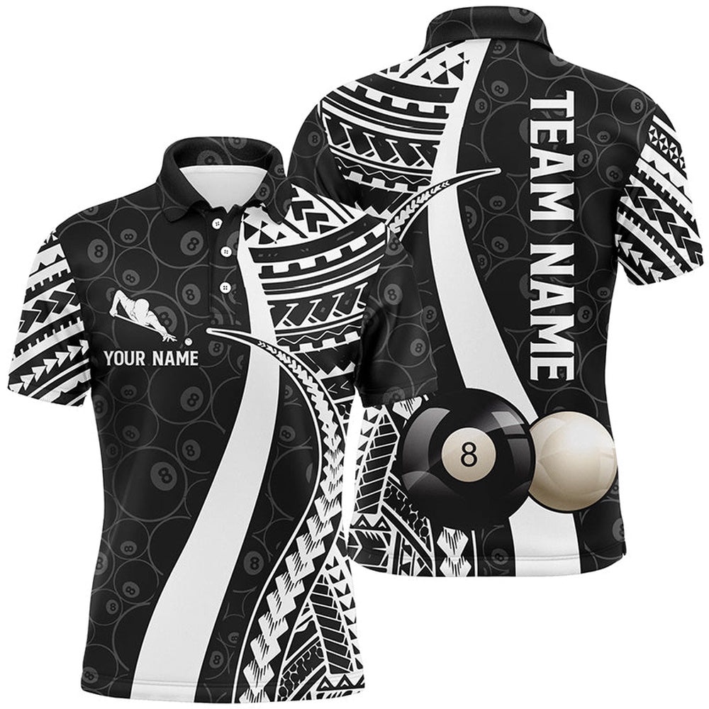 BW Tribal Custom Billiard 3D Polo Shirts, 8 Ball Pattern Billiards Polo, Personalized Billiard Polo Shirt