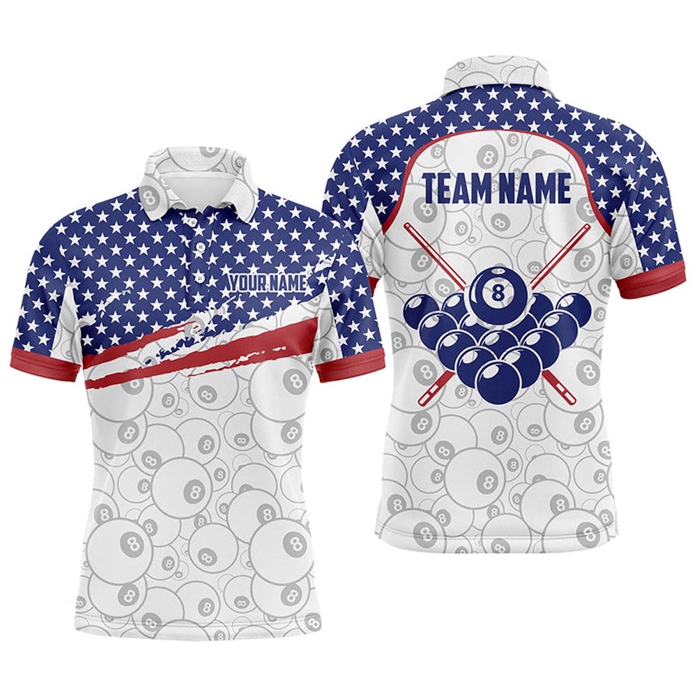 Ball 8 Pattern American Flag Billiard Polo Shirts Custom Name Billiard Shirts, Personalized Billiard Polo Shirt