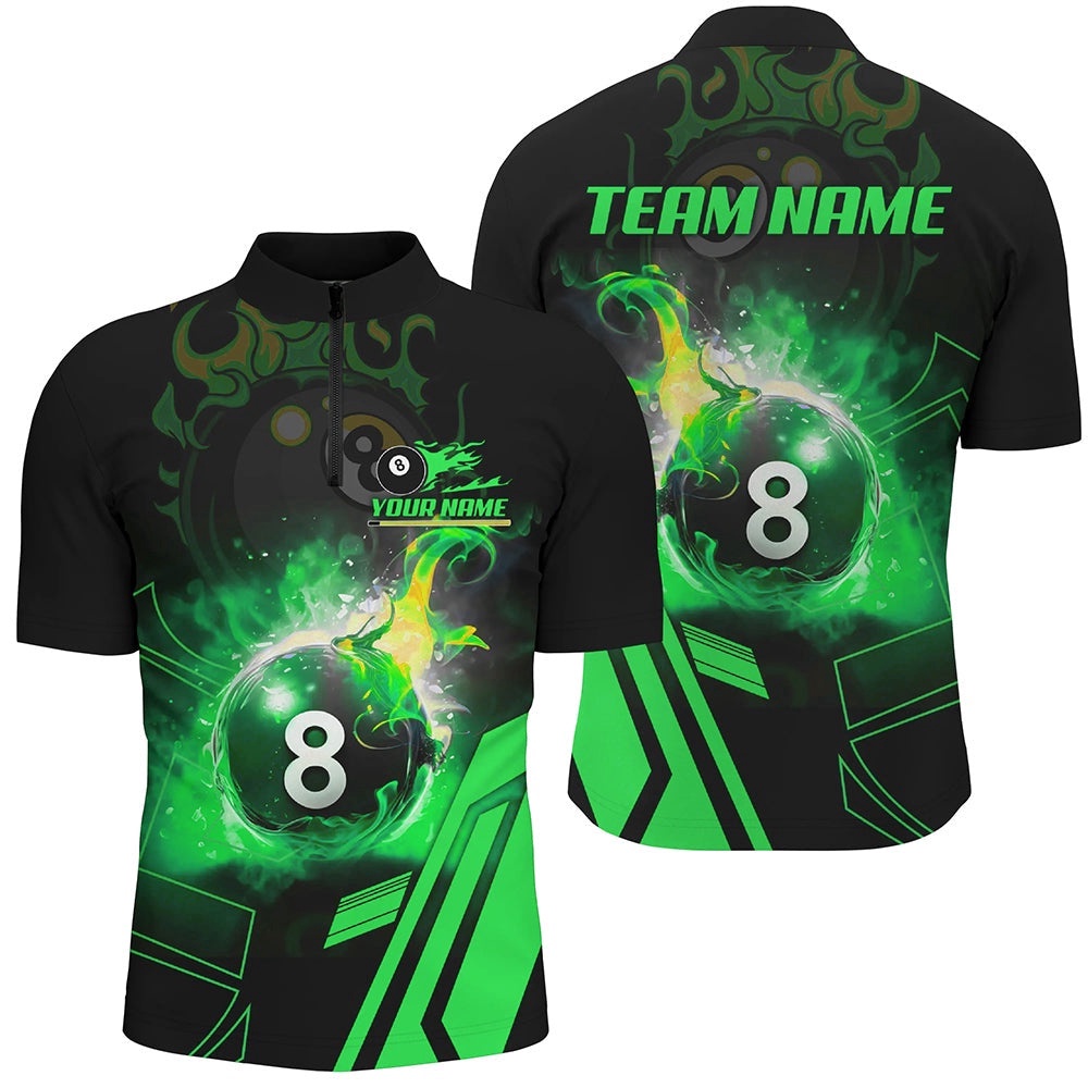 Billiard 8 Ball Flame Green Version 3D Printed Jersey Shirts Best Custom Pool Team Jerseys Shirts, Personalized Billiard Team Jersey Shirt