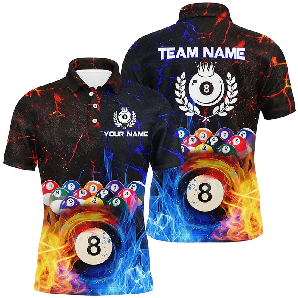 Billiard 8 Ball Water Fire Name 3D Polo Shirts Custom Pool League Shirts, Personalized Billiard Polo Shirt