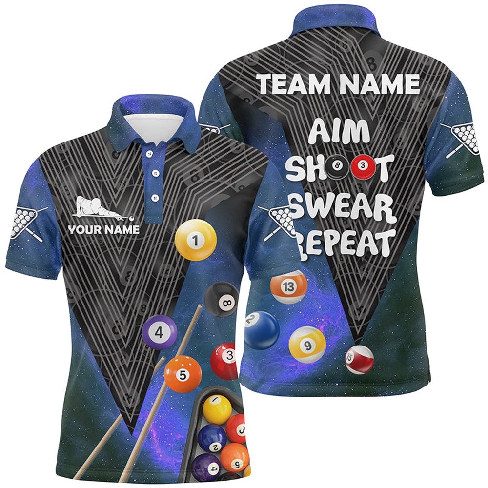 Billiard Aim Shoot Swear Repeat Blue Version Custom Name 3D All Over Print Polo Shirts, Personalized Billiard Polo Shirt