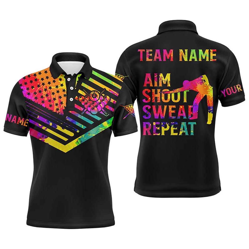 Billiard Aim Shoot Swear Repeat Custom 3D Black Multicolor Polo Shirts, Billiard Shirts Funny, Personalized Billiard Polo Shirt