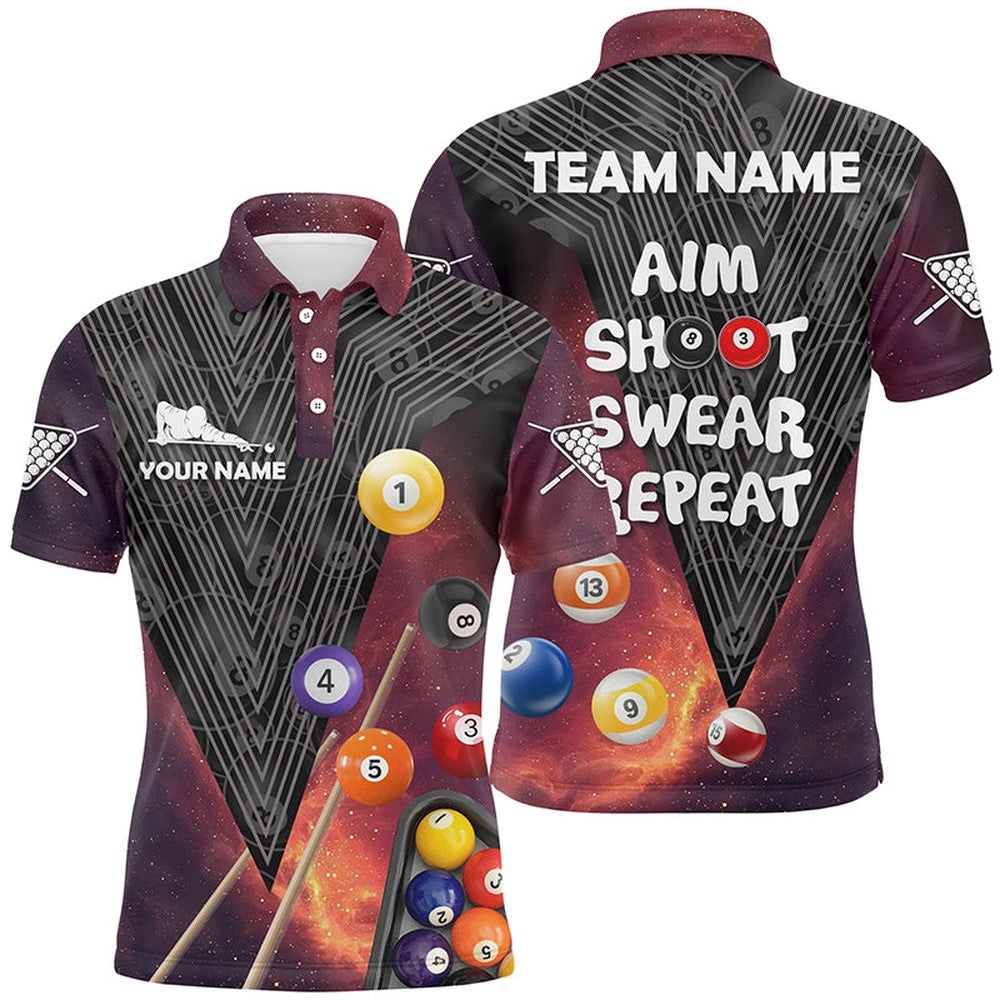 Billiard Aim Shoot Swear Repeat Red Version Custom Name 3D All Over Print Polo Shirts, Personalized Billiard Polo Shirt
