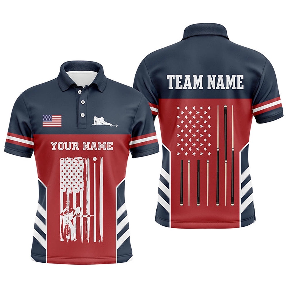 Billiard American Flag Red Navy Custom Polo Shirts, Unique Billiard Polo, Personalized Billiard Polo Shirt