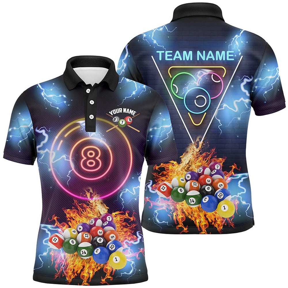 Billiard Ball 8 Neon Light Printing 3D Polo Shirts, Custom Billiards Shirts, Personalized Billiard Polo Shirt
