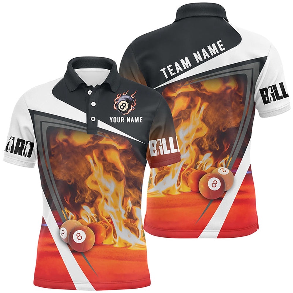 Billiard Ball On Fire Custom Name 3D Full Printing Polo Shirts, Custom Billiard Team Shirt, Personalized Billiard Polo Shirt