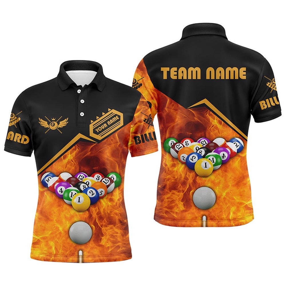 Billiard Ball Set In Fire 3D Polo Shirts, Custom Billiard Team Shirts Player, Personalized Billiard Polo Shirt