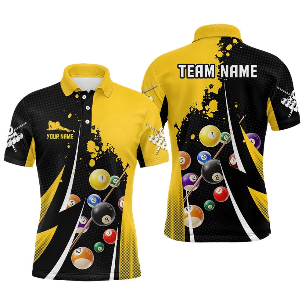 Billiard Balls 3D Print Black Yellow Billiard Player Polo Shirts, Personalized Billiard Polo Shirt