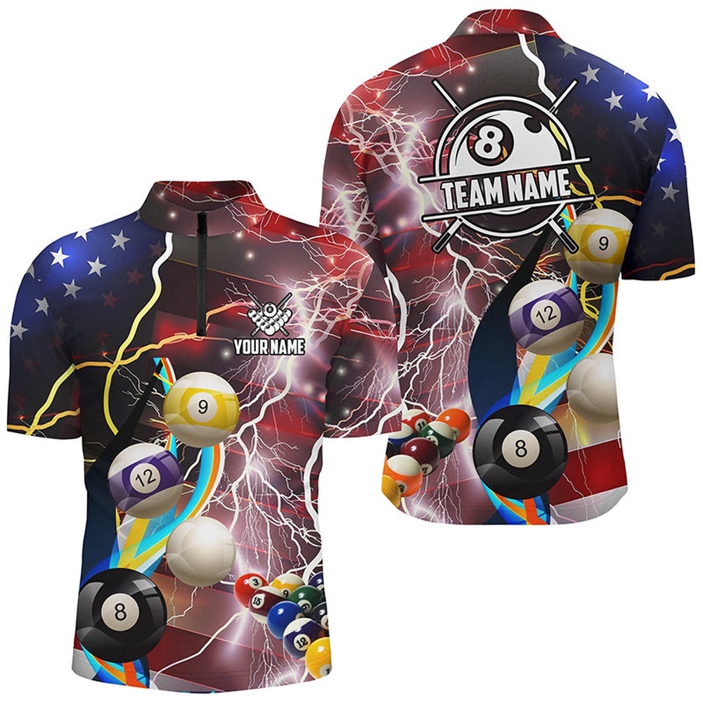 Billiard Balls American Flag Lightning Billiard Shirts, Patriotic Billiard Jerseys, Personalized Billiard Team Jersey Shirt