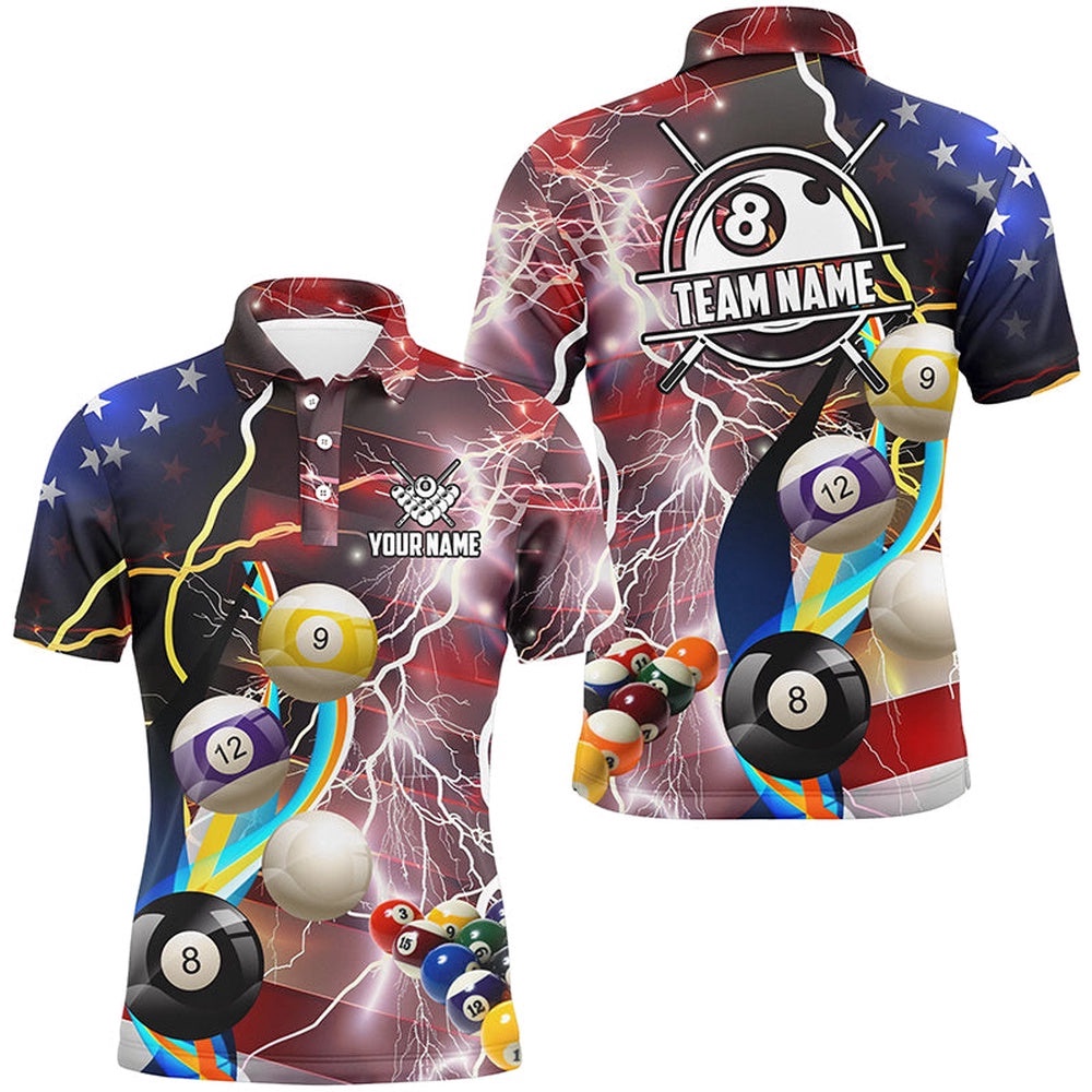 Billiard Balls American Flag Lightning Billiard Shirts, Patriotic Billiard Polo, Personalized Billiard Polo Shirt