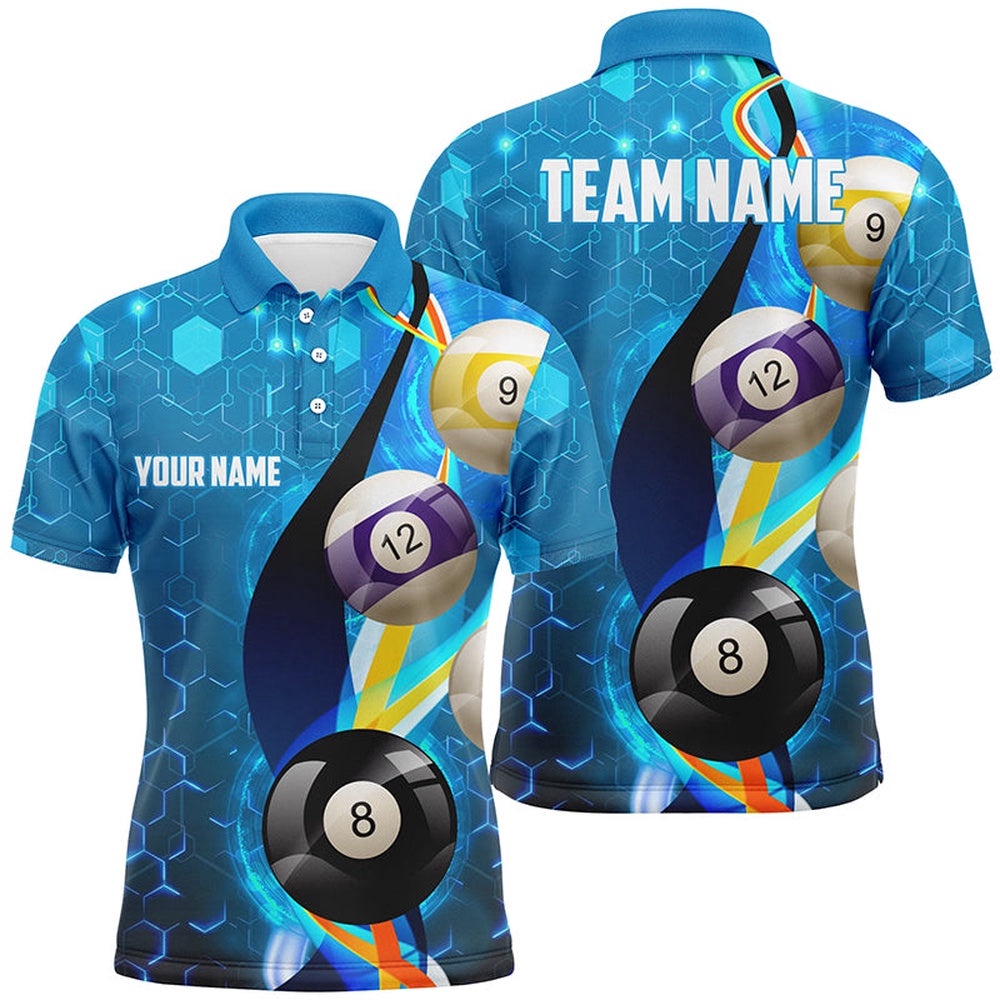 Billiard Balls Blue 3D Polo Shirts, Custom Name Pool Billiard Polo, Personalized Billiard Polo Shirt