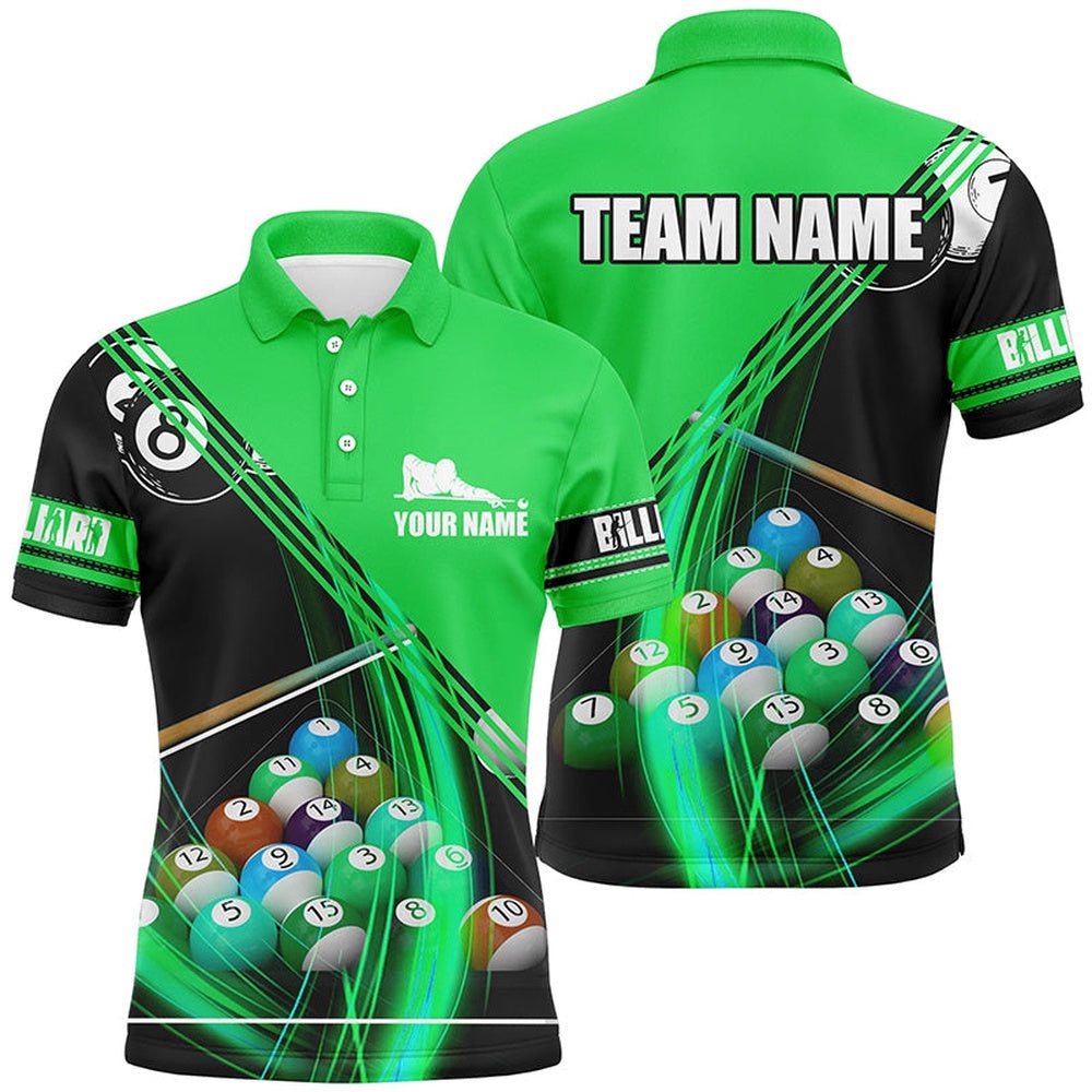 Billiard Balls Green 3D Polo Shirts, Custom Player Billiards Pool Polo, Personalized Billiard Polo Shirt