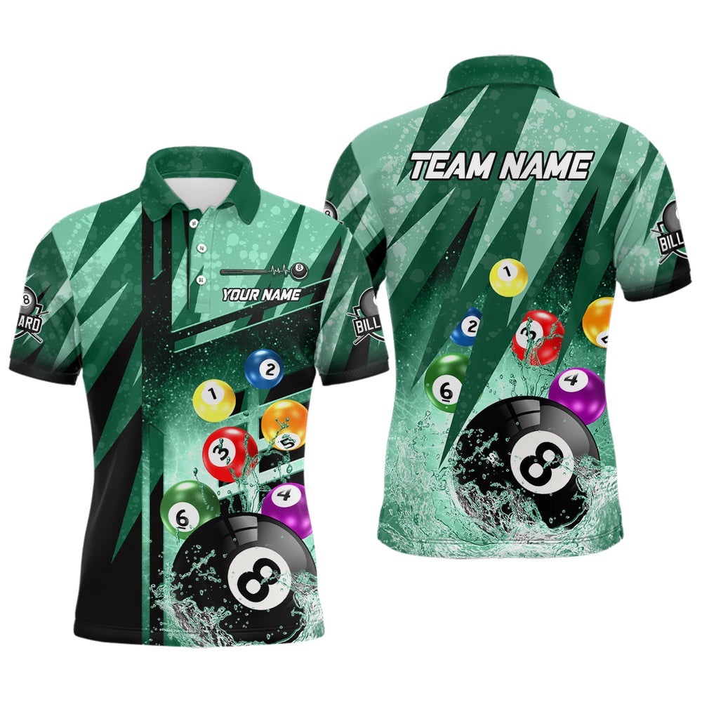 Billiard Balls In Water 3D Green Polo Shirts, Custom 8 Ball Pool Team Shirts, Personalized Billiard Polo Shirt