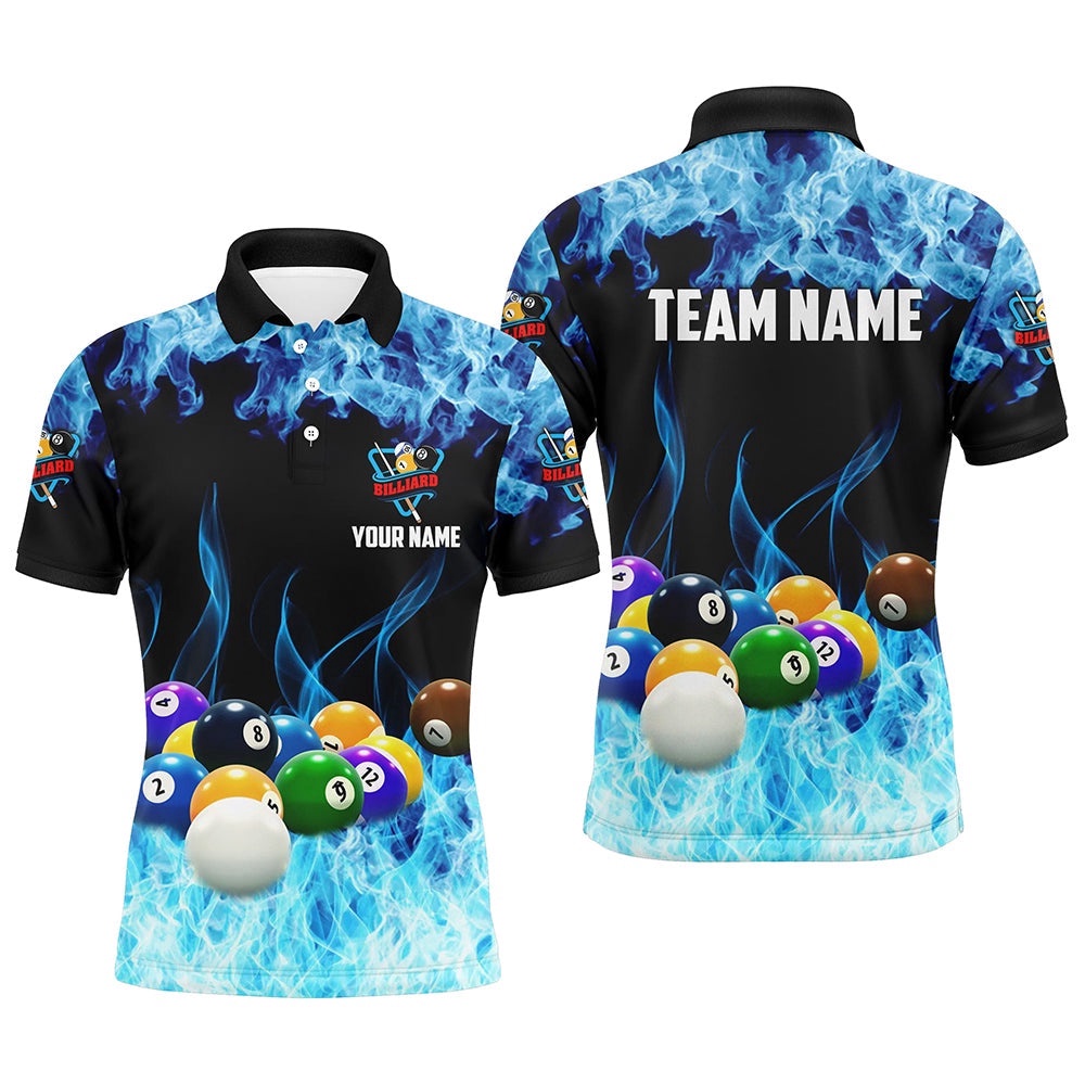 Billiard Balls On Blue Smoke Name ‘S Billiard Shirts Custom Pool Game Polo Shirts, Personalized Billiard Polo Shirt