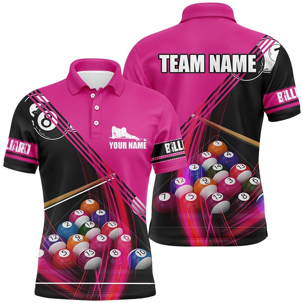 Billiard Balls Pink 3D Polo Shirts, Custom Player Billiards Pool Polo, Personalized Billiard Polo Shirt