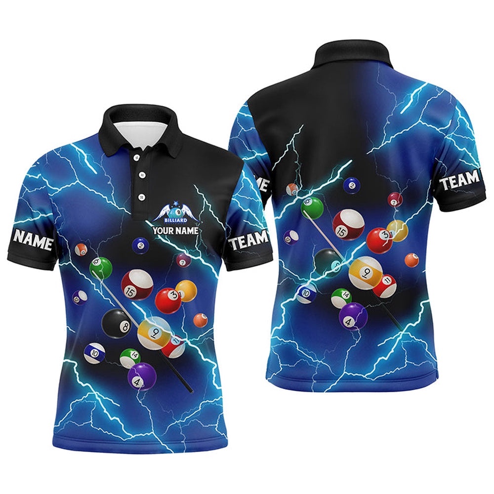 Billiard Balls Thunder Lightning Blue Version Custom Name 3D Polo Shirts, Personalized Billiard Polo Shirt