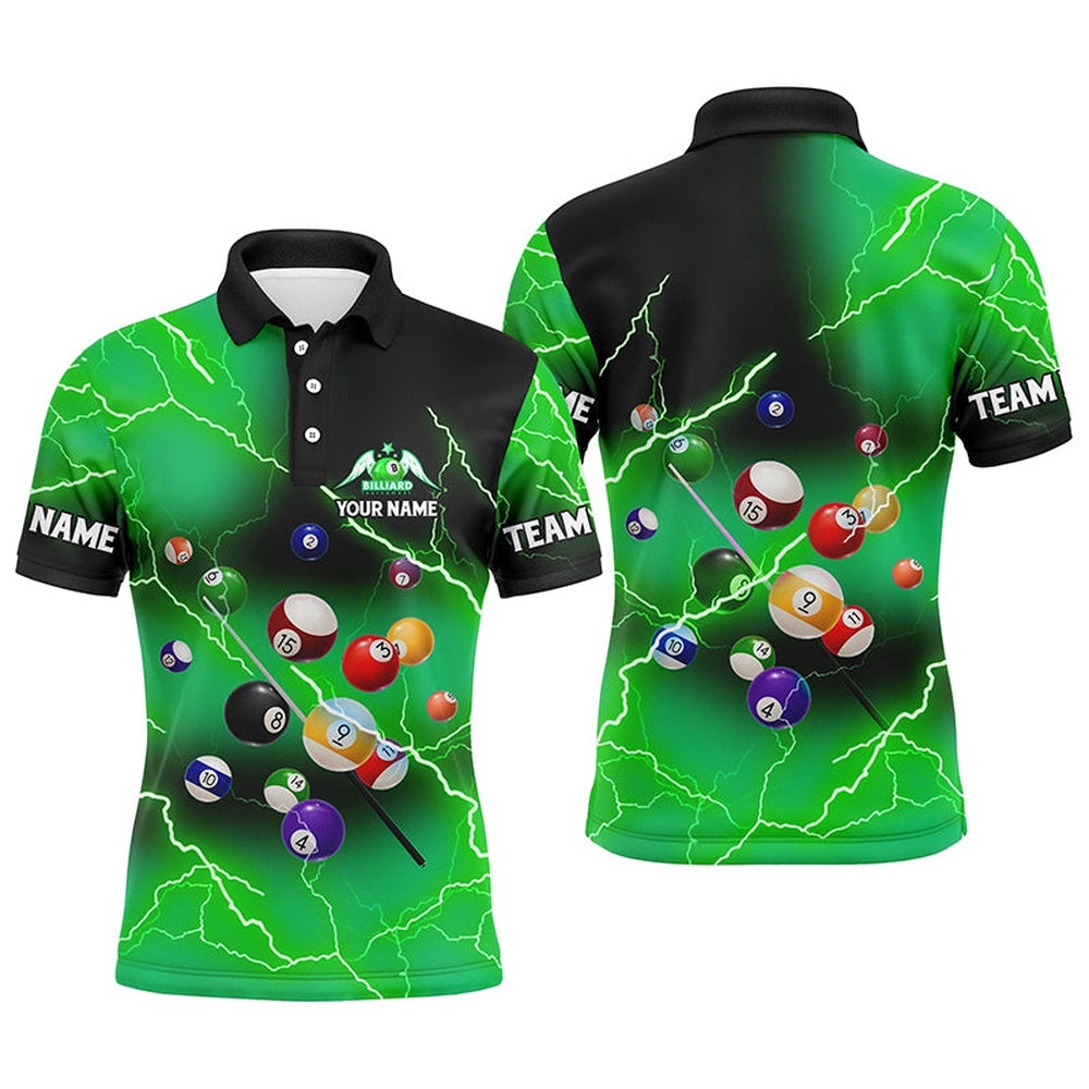 Billiard Balls Thunder Lightning Green Version Custom Name 3D Polo Shirts, Personalized Billiard Polo Shirt