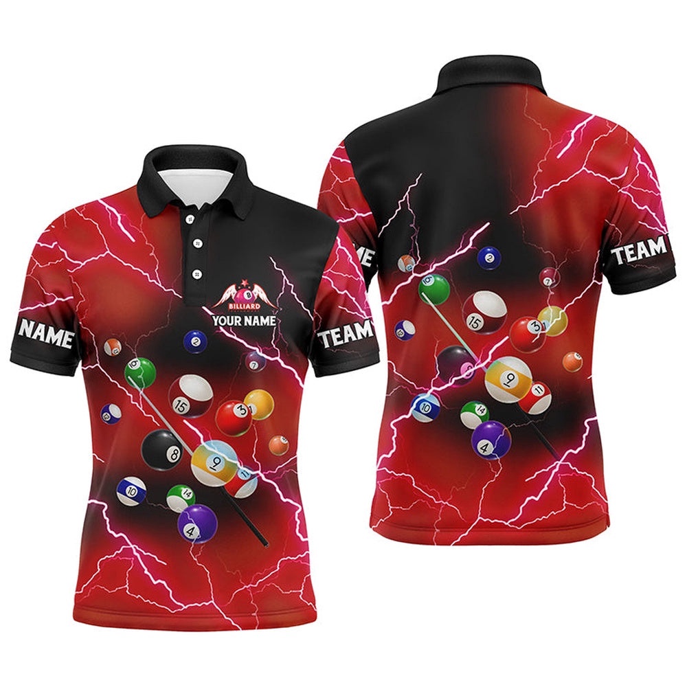 Billiard Balls Thunder Lightning Red Version Custom Name 3D Polo Shirts, Personalized Billiard Polo Shirt