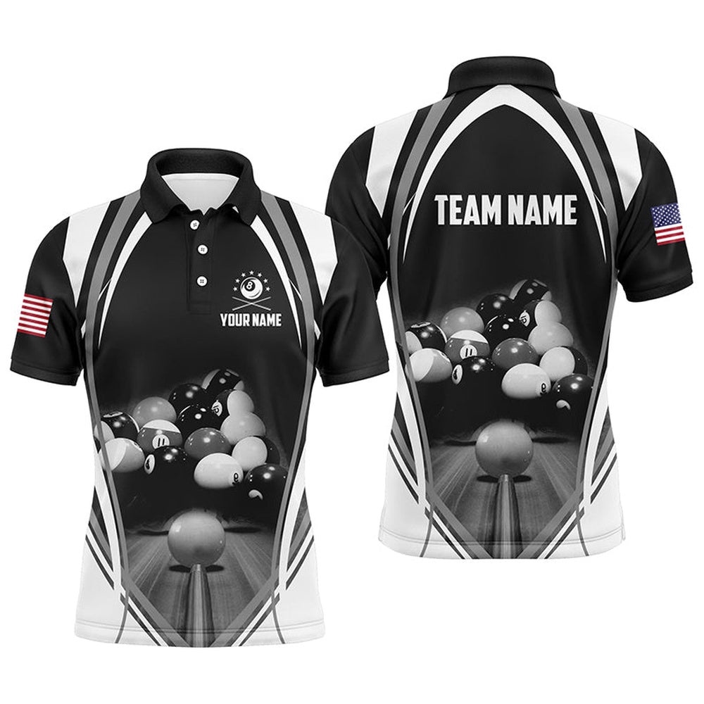 Billiard Balls US Flag Black Polo Shirts, Custom 8 Ball Billiard 3D Polo, Personalized Billiard Polo Shirt