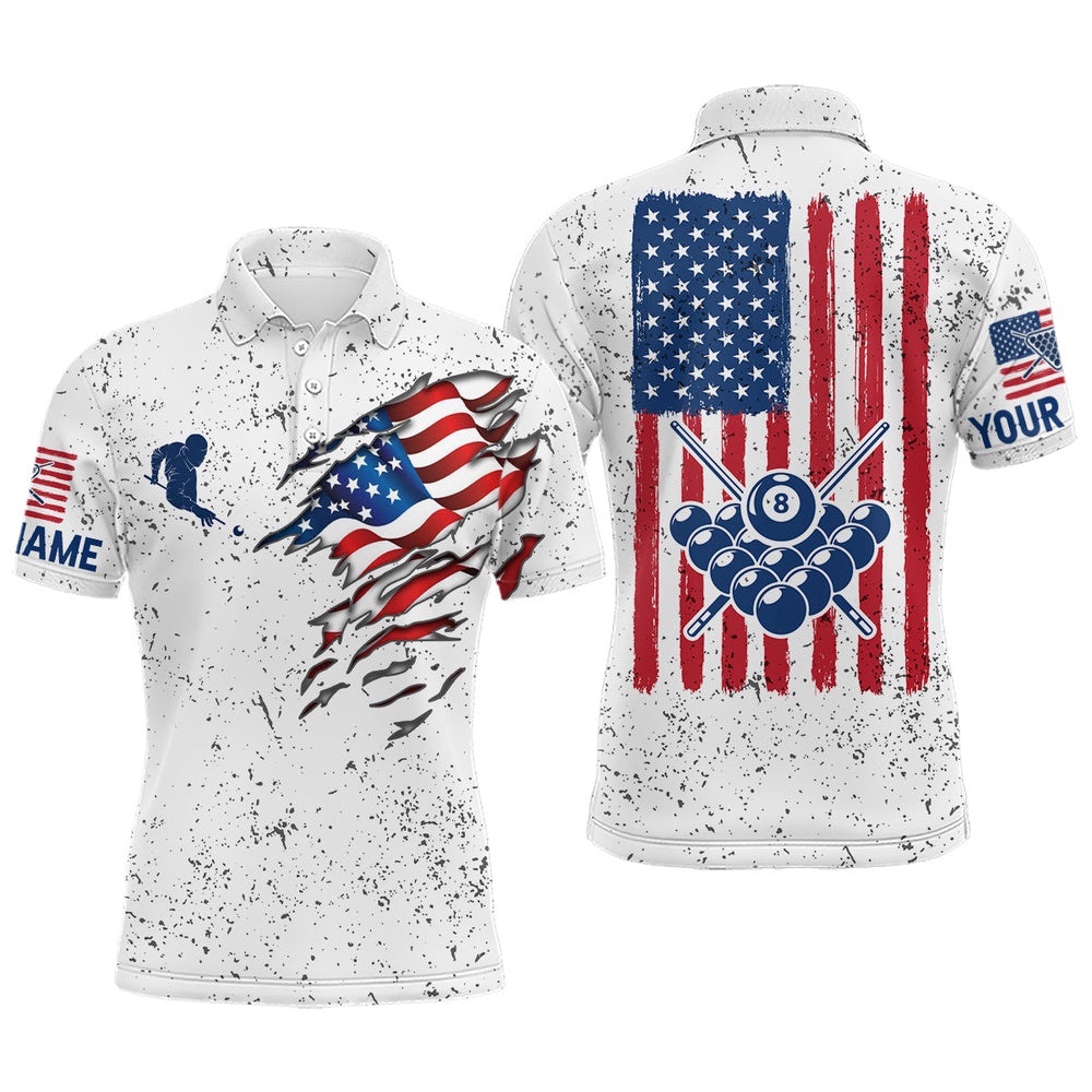 Billiard Balls US Flag White Grunge Polo Shirts, Personalized Billiard Polo Shirt