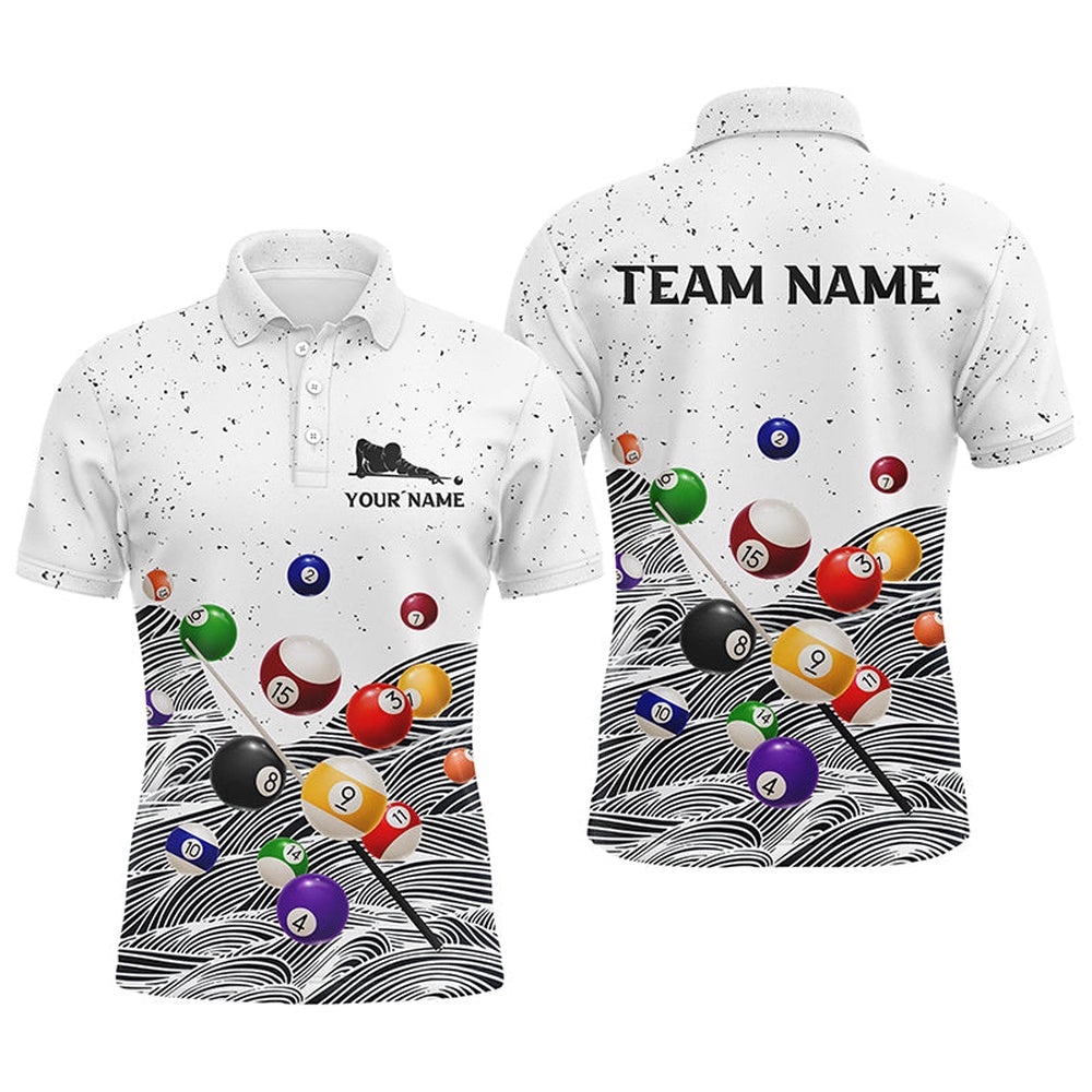 Billiard Balls White Grunge Polo Shirts, Custom Player Billiards Pool Polo, Personalized Billiard Polo Shirt