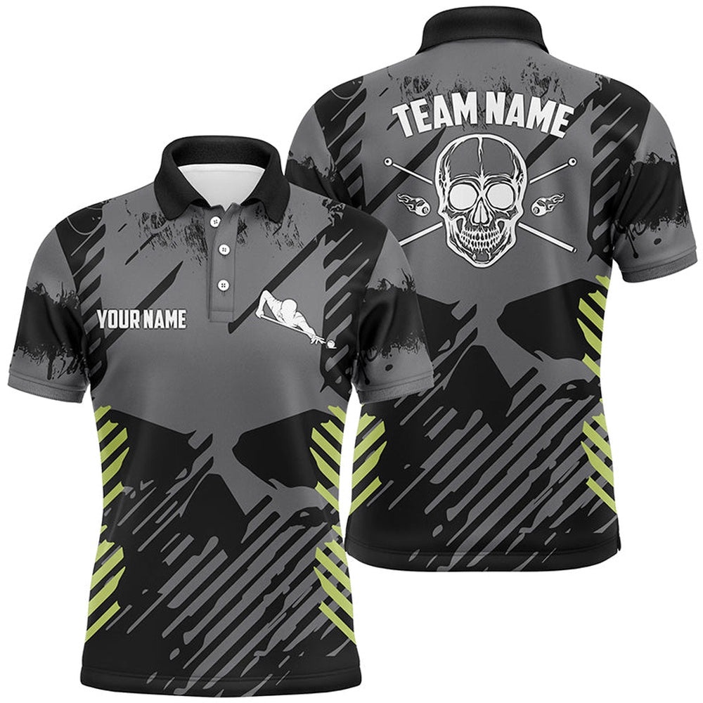 Billiard Black Green Skull All Over Print Polo Shirts Custom Player Gifts, Personalized Billiard Polo Shirt