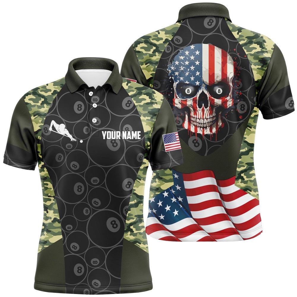Billiard Camouflage Skull Flag Custom 8 Ball Pool Shirts, Personalized Billiard Polo Shirt